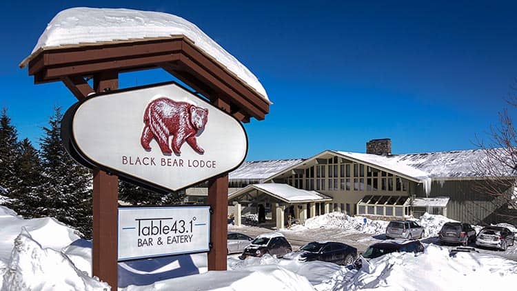Black Bear Lodge entrance and sign at Stratton Mountain