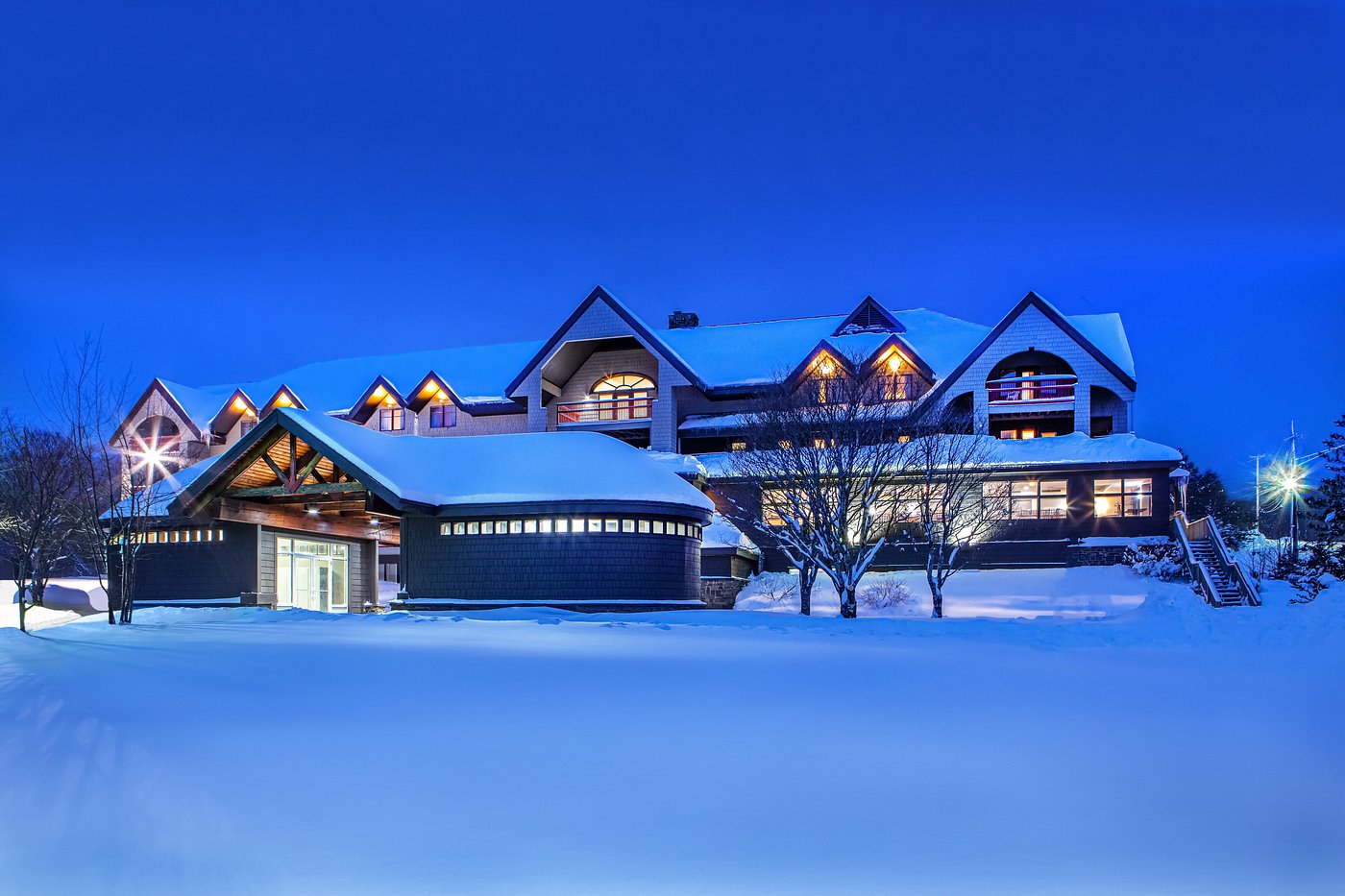 Killington Mountain Lodge exterior at dusk