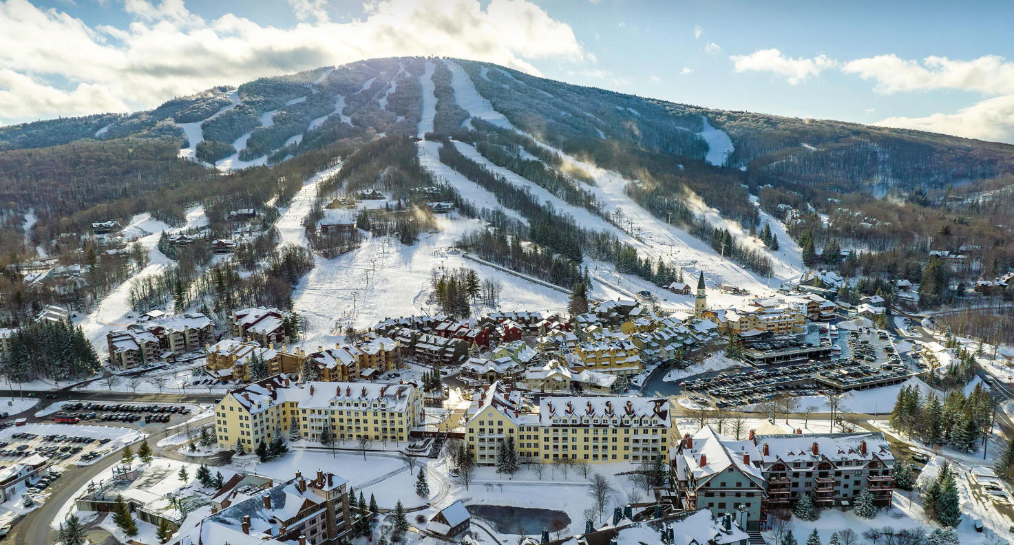 Aerial view of Stratton Mountain village and ski trails