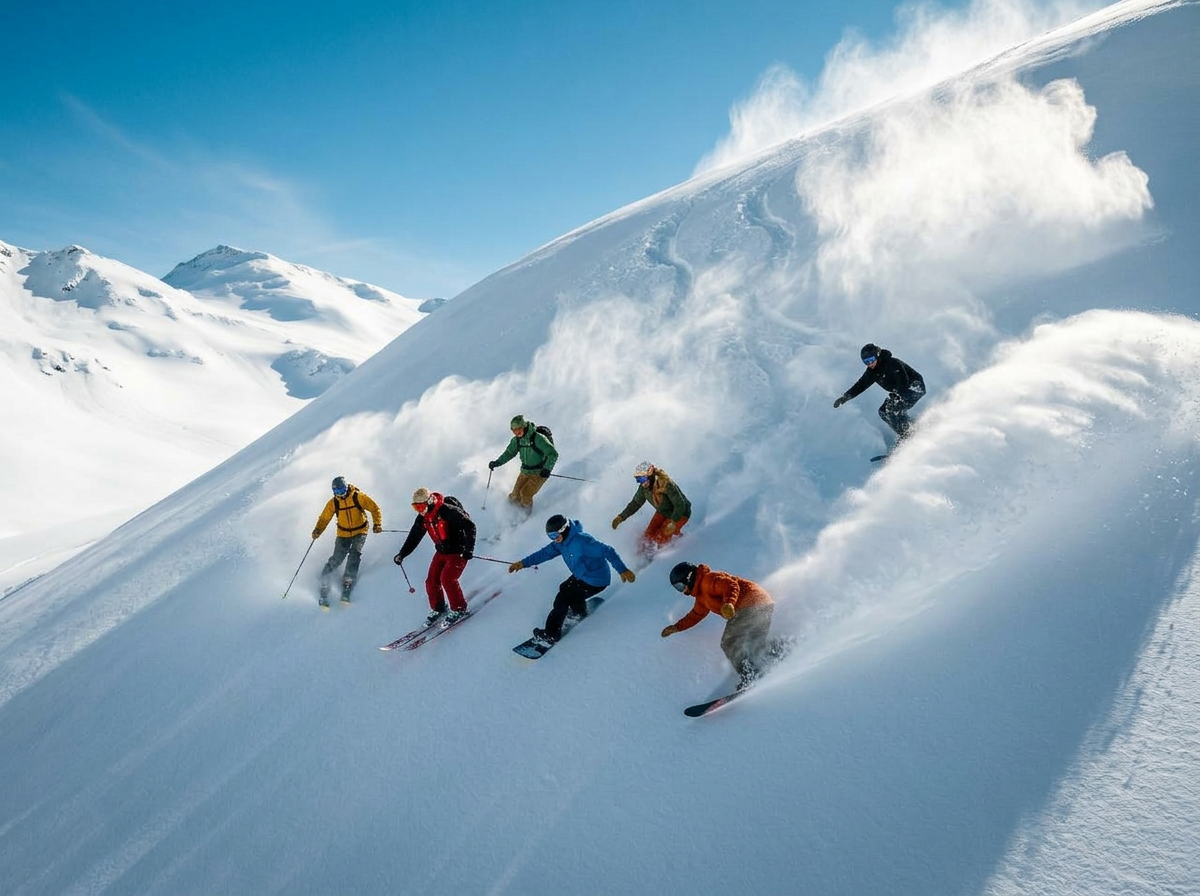 Group of skiers and snowboarders riding together